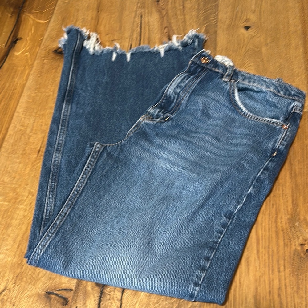 We The Free Distressed Wide Leg Blue Denim Jeans